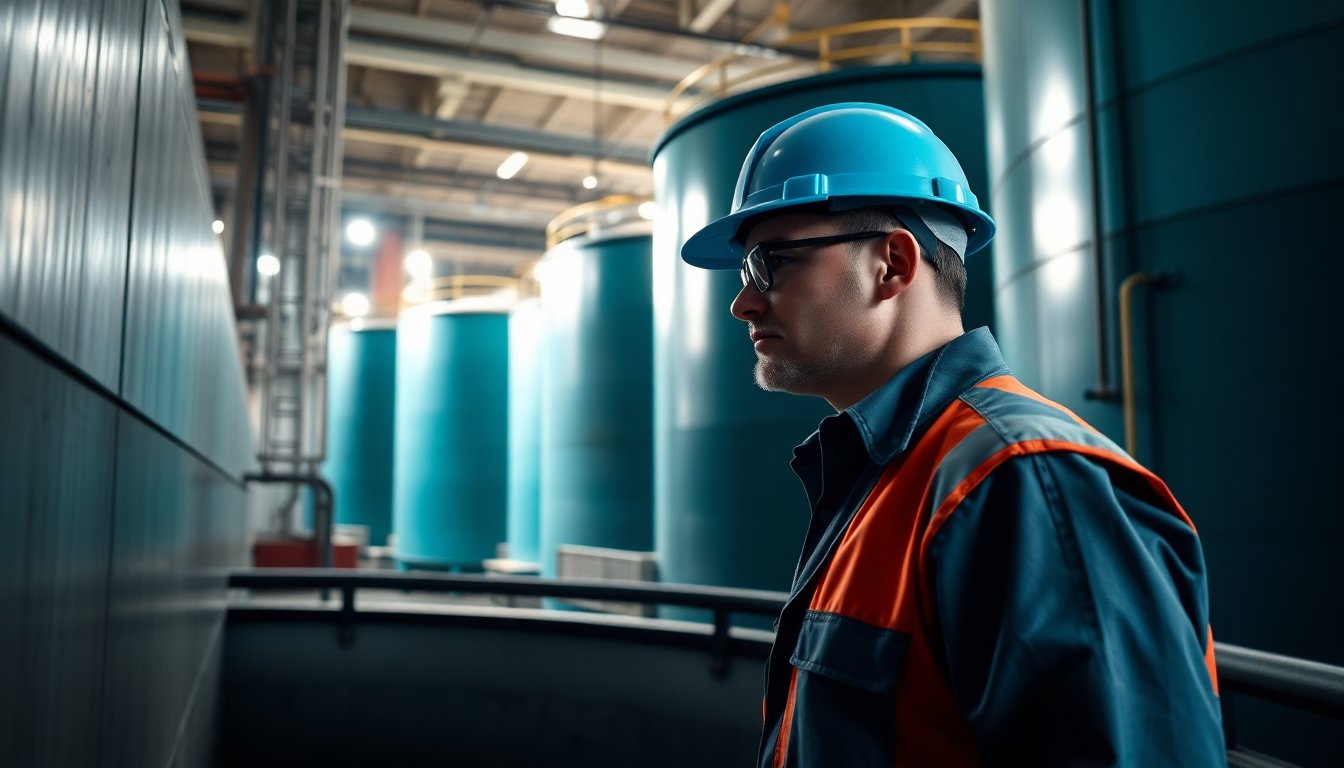 Engineer inspecting an industrial wastewater treatment tank