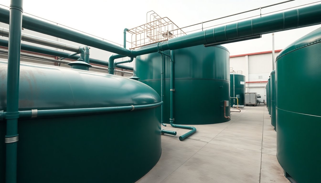 Modern biogas digester facility with green steel tanks