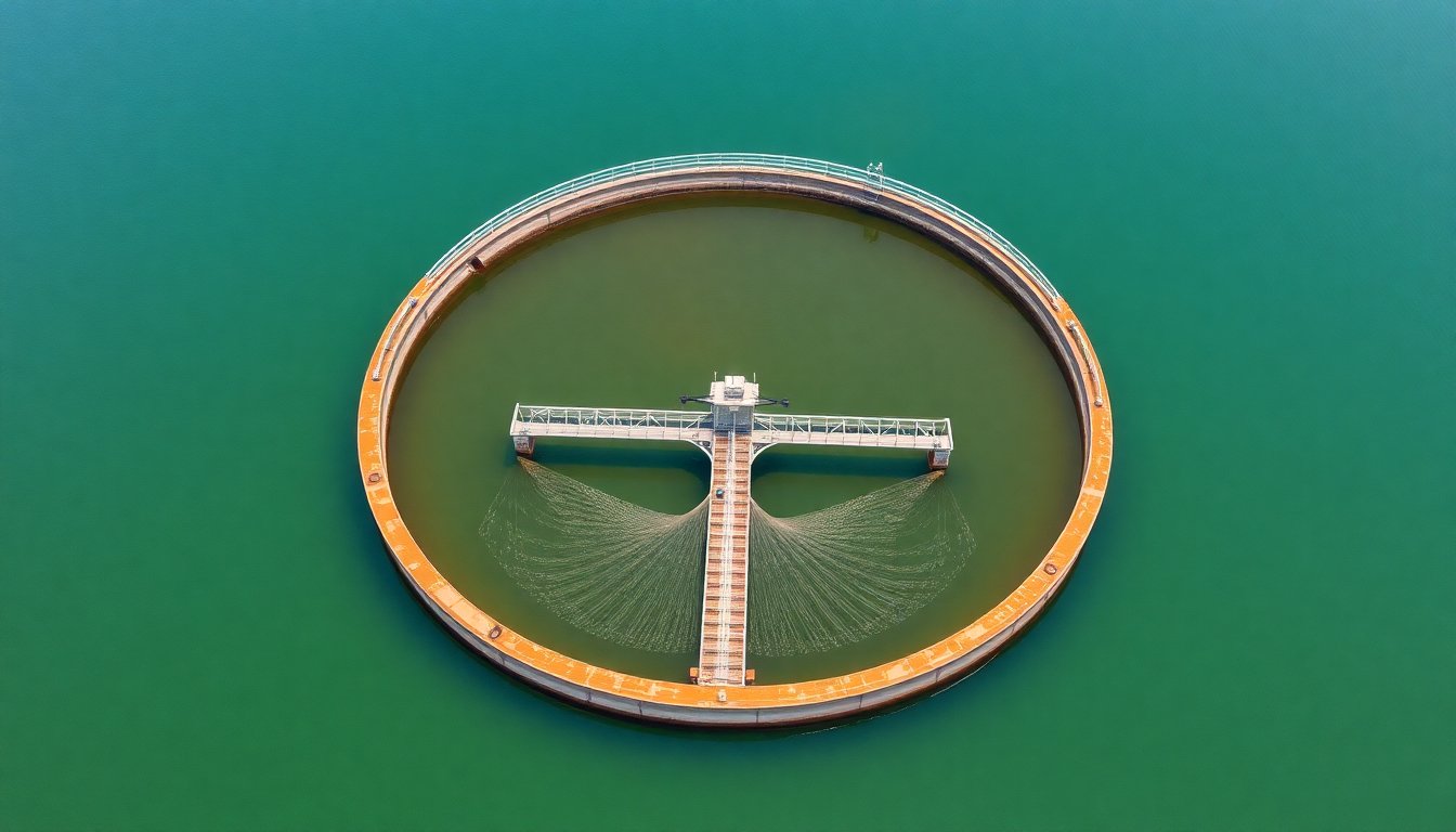 Aerial view of a wastewater clarifier