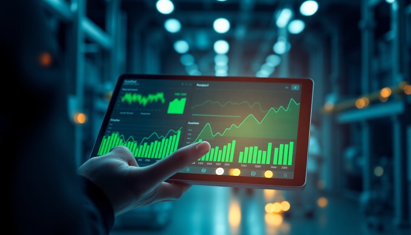 Engineer with tablet showing facility dashboard