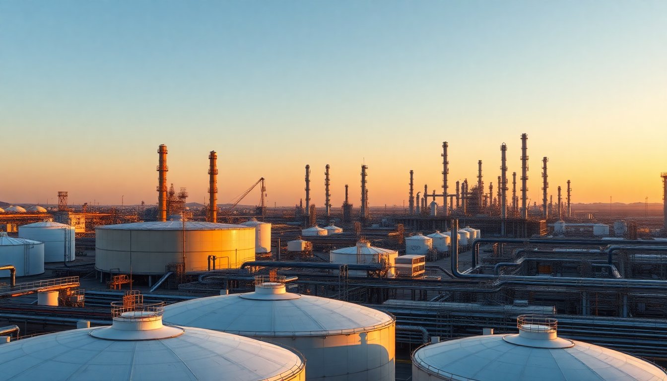 Refinery storage tanks at sunset