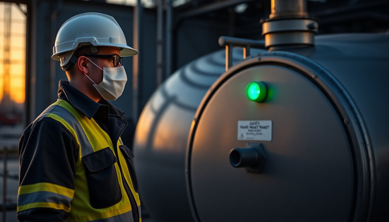 Industrial worker beside a sealed storage tank