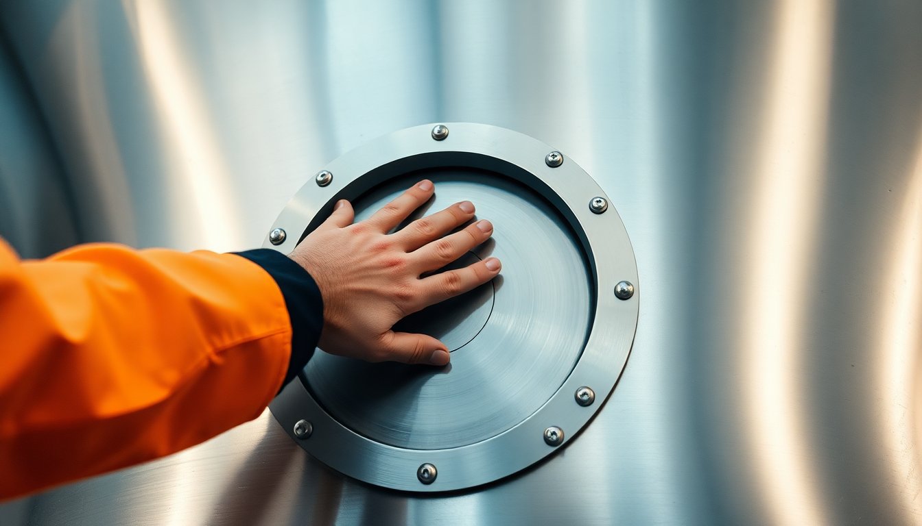 Technician hand on a sealed entry hatch of an industrial storage tank