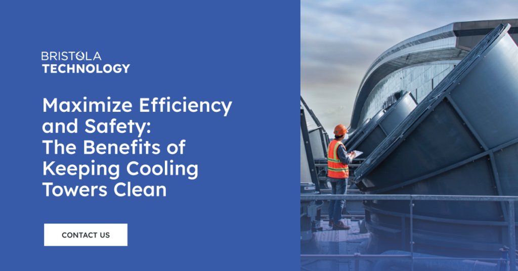 Maximize Efficiency and Safety: The Benefits of Keeping Cooling Towers Clean blog graphic, with a photo of cooling towers ready for cleaning.